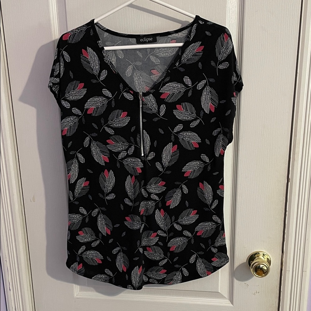 Eclipse Black Top with Pink and Gray Leaf Design